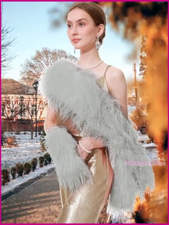 Dikoaina Women Faux Fur Shawl Collar Scarf Wrap with Single Glove for Winter Evening Bridal